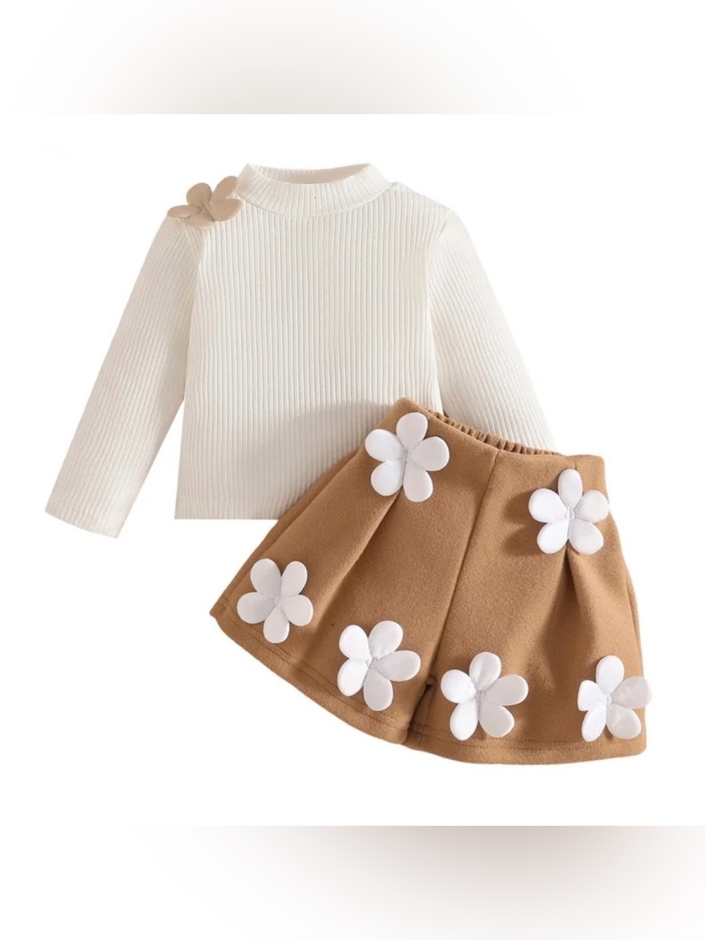 Toddler White Ribbed Top & Camel Flower-Embellished Skirt Set